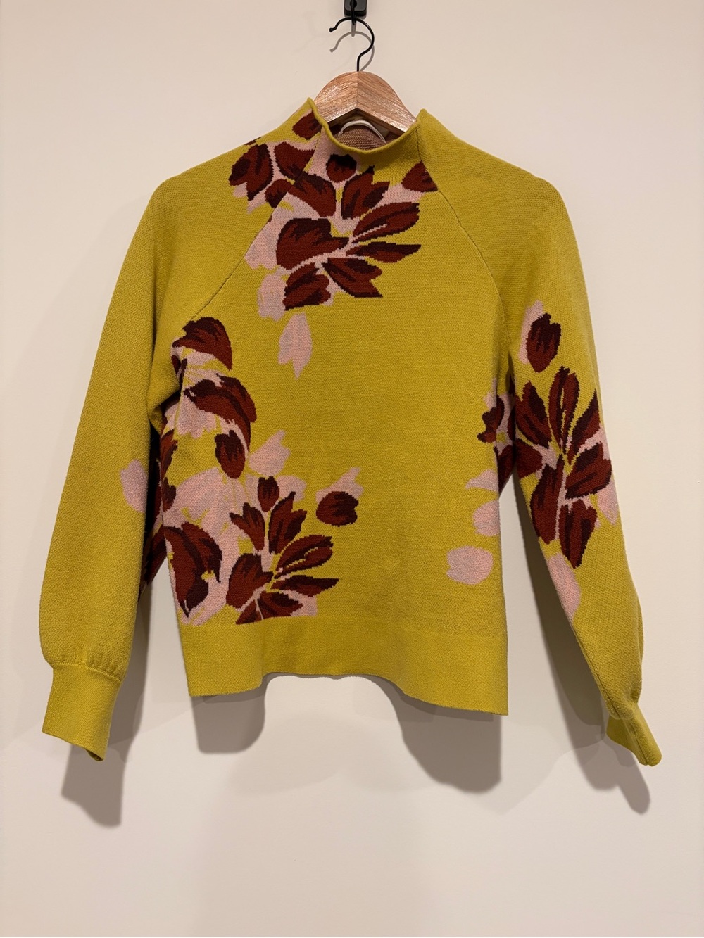 by Anthropologie The Beatriz Floral Mock Neck Sweater Chartreuse Yellow Size S